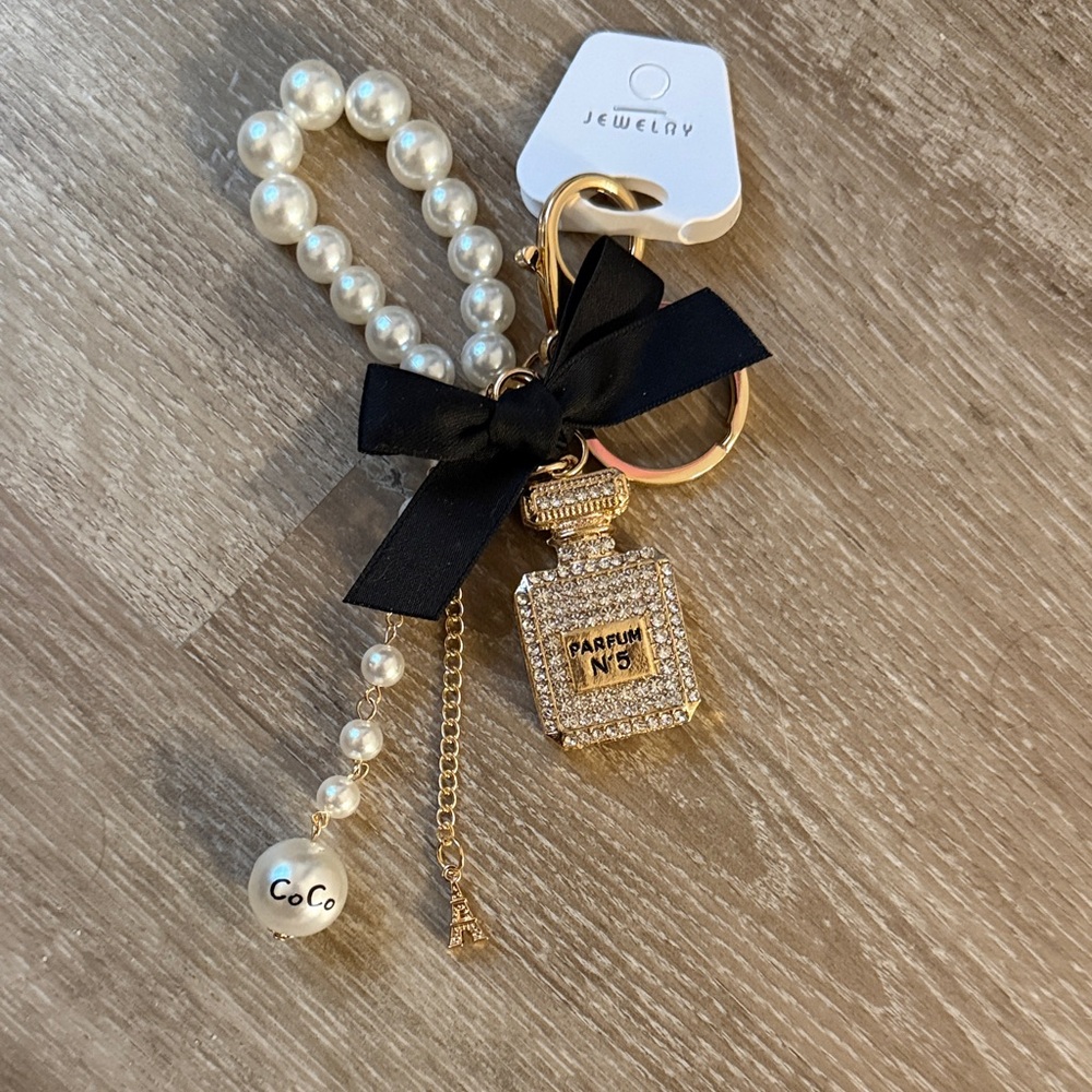 Inspired, Bling Gold, Pearl Keychain with Black Bow